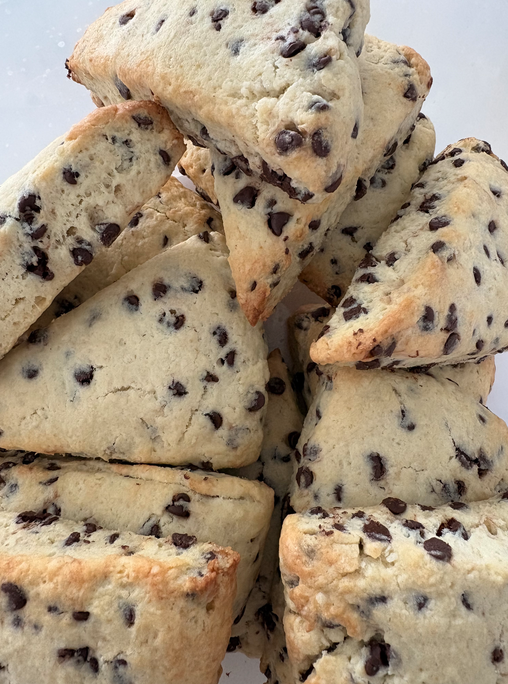 Chocolate chip scones stacked