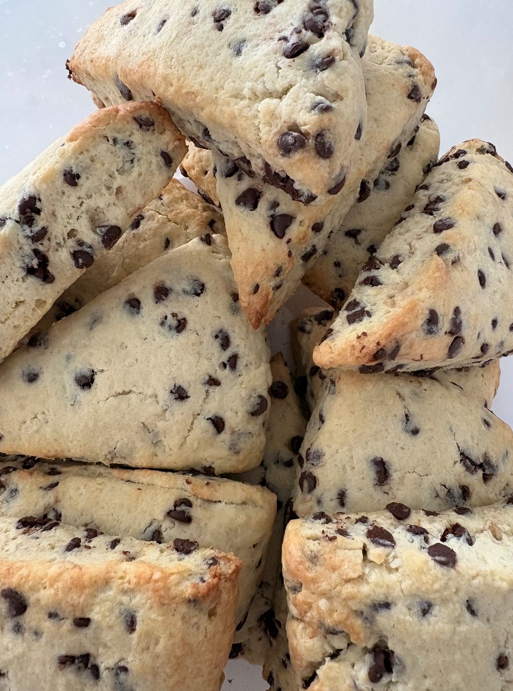 Chocolate chip scones stacked